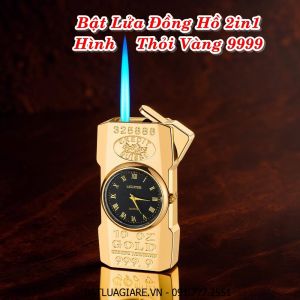 BẬT LỬA ĐỒNG HỒ 2IN1 HÌNH THỎI VÀNG 9999 - (XÀI GAS)