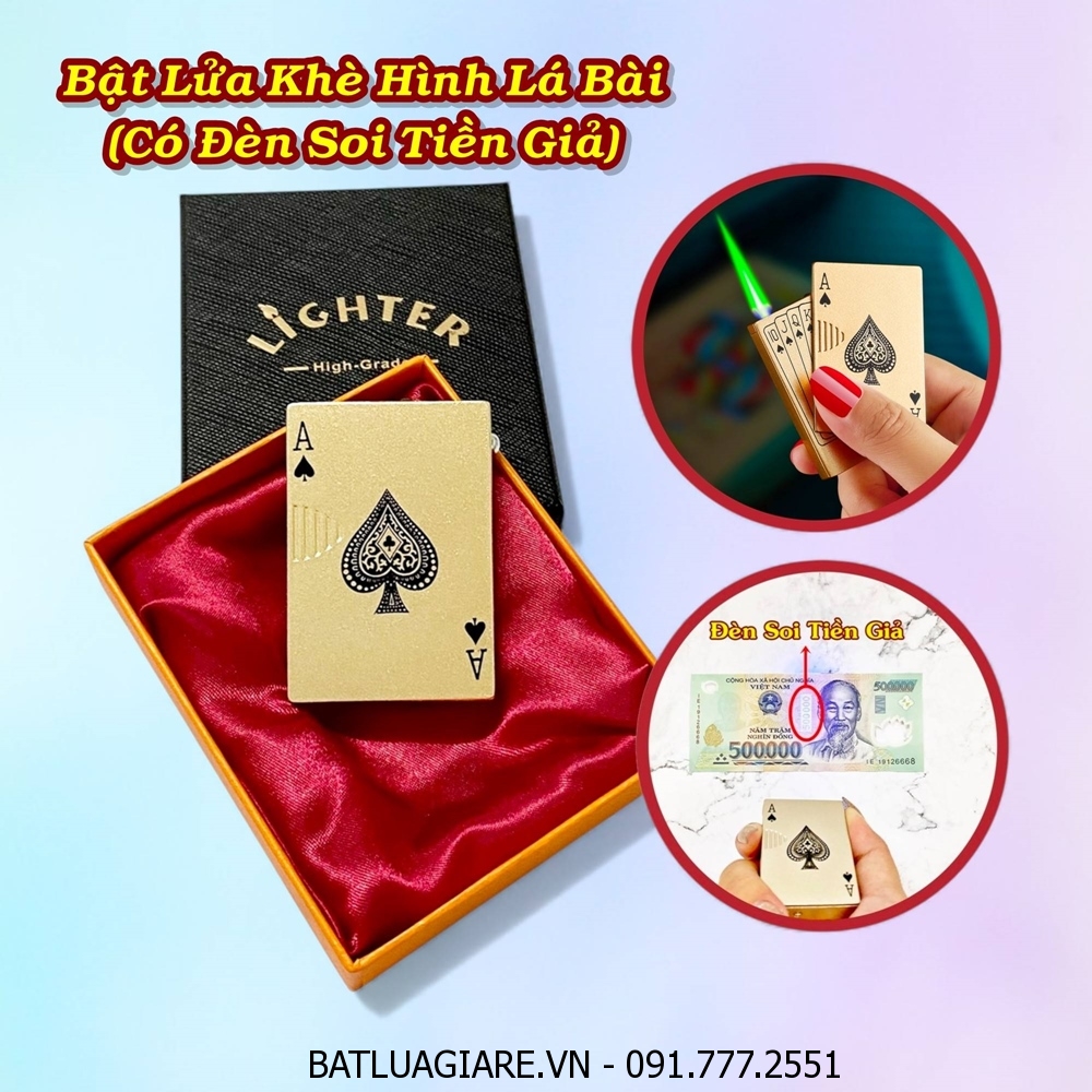 BẬT LỬA KHÈ HÌNH LÁ BÀI CÓ ĐÈN SOI TIỀN GIẢ (KIM LOẠI) (CÓ HỘP) - (XÀI GAS) #VÀNG