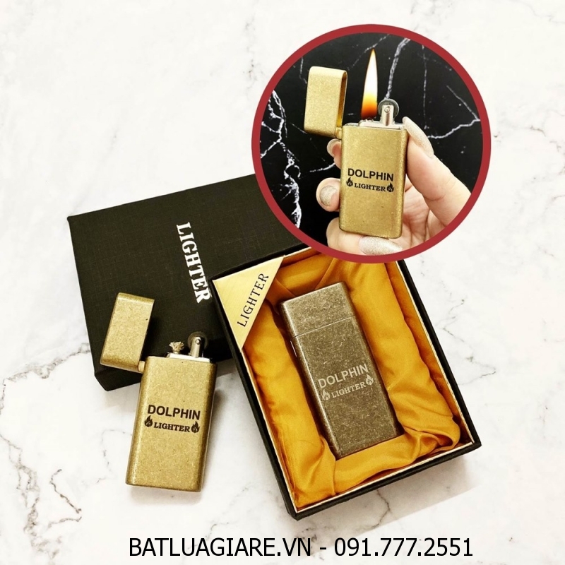 BẬT LỬA SLIM - DOLPHIN XĂNG ĐÁ CỔ 1 BÁNH XE VÀNG CỔ - BẠC CỔ (CÓ HỘP) - (XÀI XĂNG)