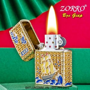 BẬT LỬA ZIPPO ZORRO BỌC GIÁP ĐỒNG TIỀN HÌNH CHIẾC THUYỀN THUẬN BUỒM XUÔI GIÓ (FULLBOX) - (XÀI XĂNG) #VÀNG
