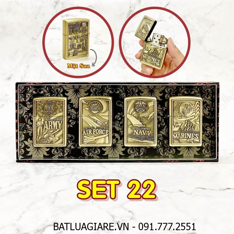 BỘ 4 BÂT LỬA ZIPPO U.S 2 MẶT HÌNH NỔI - (XÀI XĂNG) SET 22