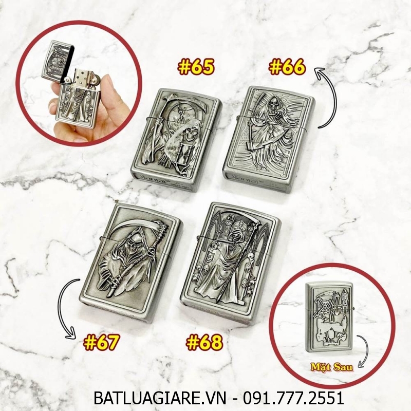 BÂT LỬA ZIPPO TỬ THẦN 2 MẶT HÌNH NỔI CÁC KIỂU - (XÀI XĂNG)