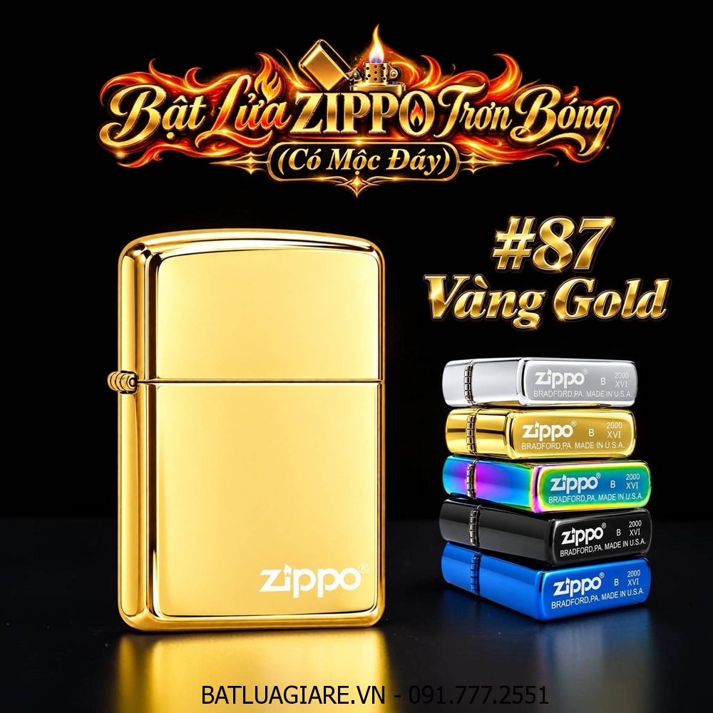 BẬT LỬA ZIPPO TRƠN BÓNG (CÓ MỘC ĐÁY) - (XÀI XĂNG) #VÀNG GOLD #87