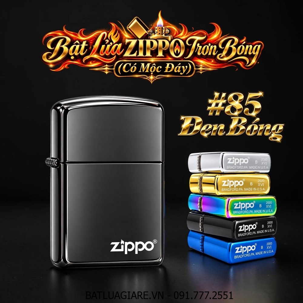 BẬT LỬA ZIPPO TRƠN BÓNG (CÓ MỘC ĐÁY) - (XÀI XĂNG) #ĐEN BÓNG #85