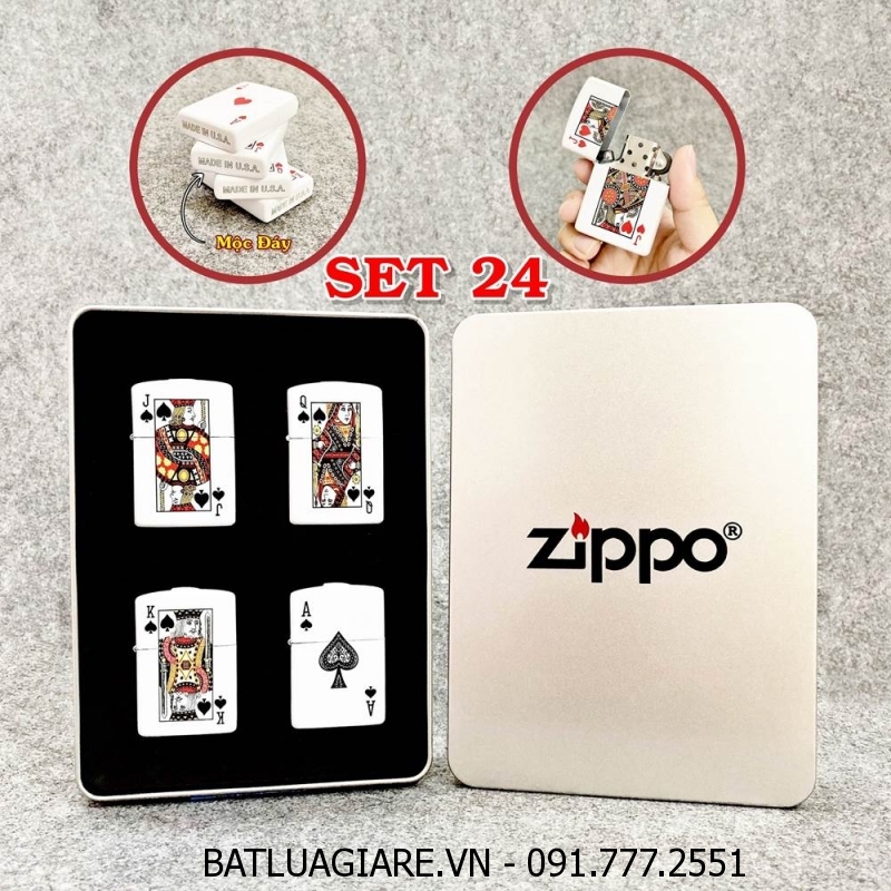 BỘ 4 BẬT LỬA ZIPPO 2 MẶT HÌNH LÁ BÀI \