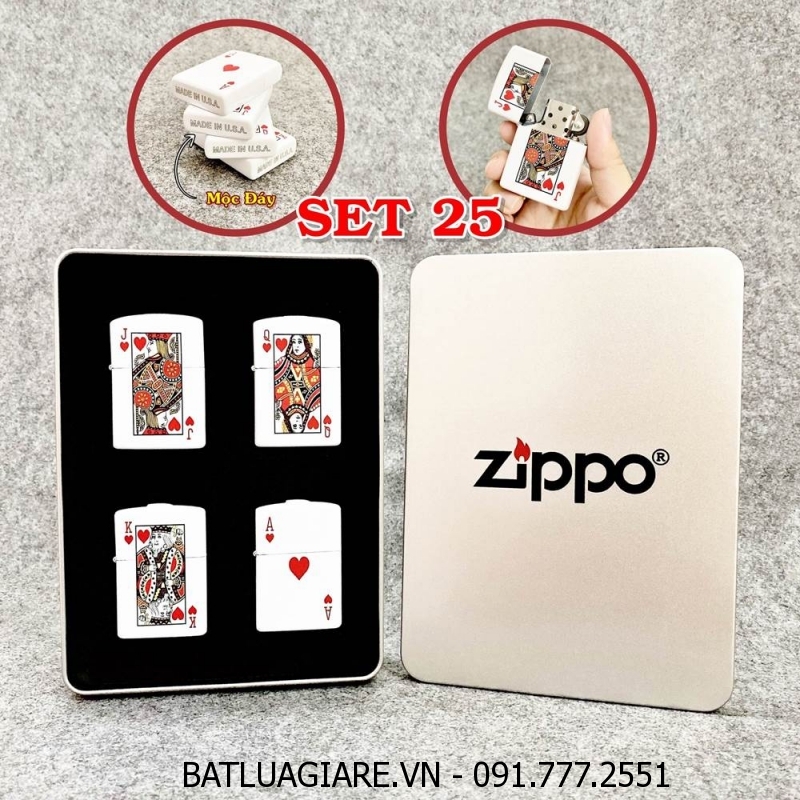 BỘ 4 BẬT LỬA ZIPPO 2 MẶT HÌNH LÁ BÀI \