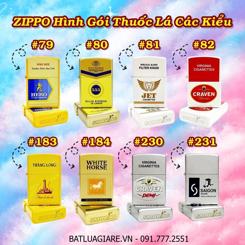 BẬT LỬA ZIPPO SƠN TĨNH ĐIỆN 2 MẶT HÌNH GÓI THUỐC LÁ CÁC KIỂU - (XÀI XĂNG)