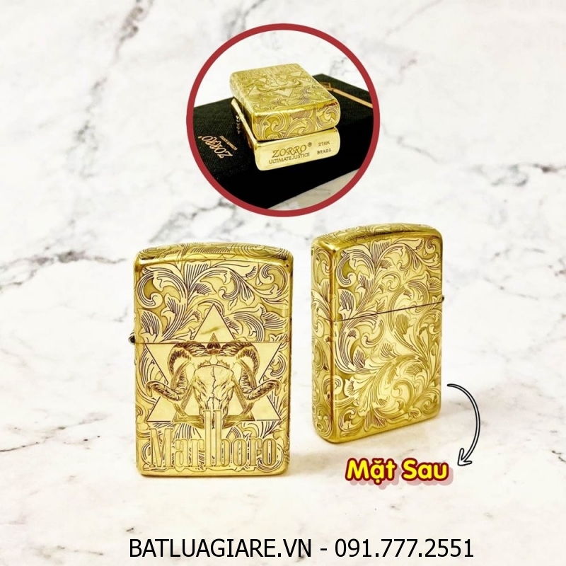 BẬT LỬA ZIPPO ZORRO BÓNG - KHẮC 5 MẶT LOGO MARLBORO HÌNH ĐẦU BÒ Z-10 (FULL BOX) - (XÀI XĂNG)