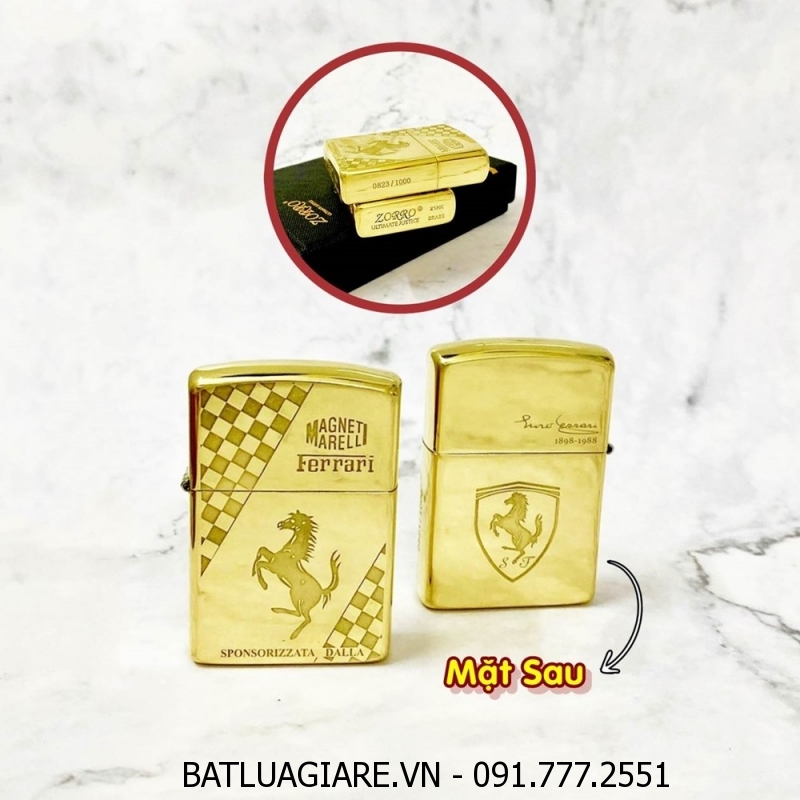BẬT LỬA ZIPPO ZORRO BÓNG - KHẮC 5 MẶT LOGO XE HƠI FERRARI Z-9 (FULL BOX) - (XÀI XĂNG)