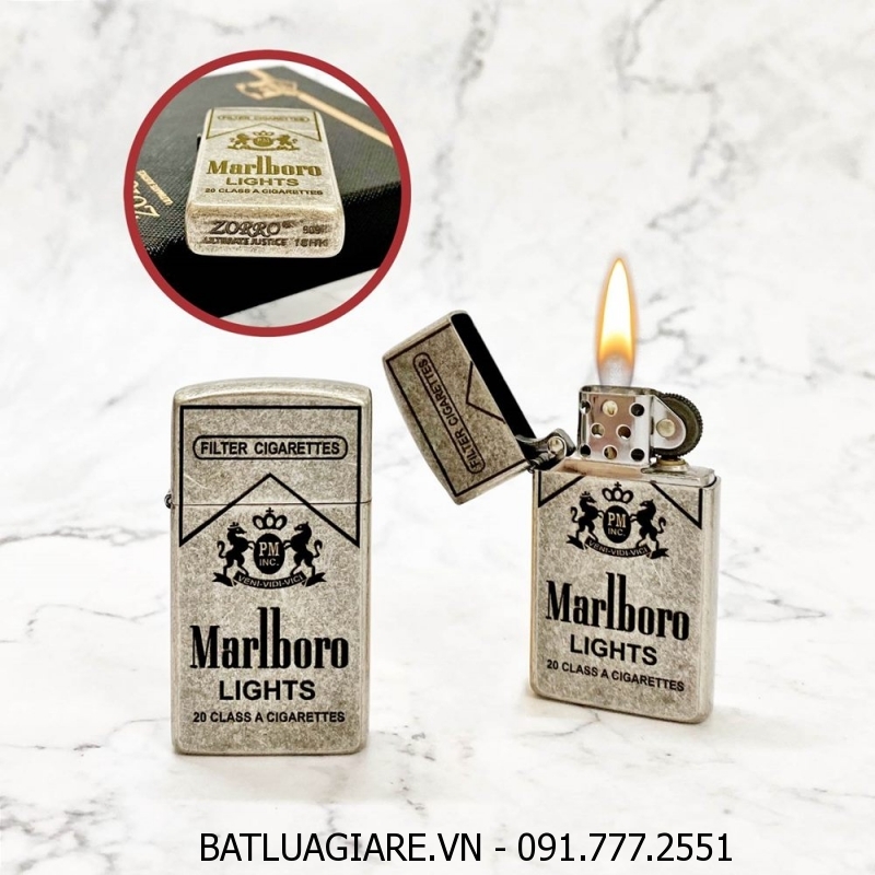 BẬT LỬA ZIPPO SLIM ZORRO - BẠC CỔ LOGO MARLBORO (FULL BOX) - (XÀI XĂNG)