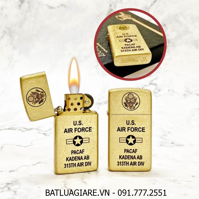 BẬT LỬA ZIPPO SLIM ZORRO - VÀNG CỔ U.S AIR FORCE (KHÔNG QUÂN MỸ) - RUỘT VÀNG (FULL BOX) - (XÀI XĂNG)