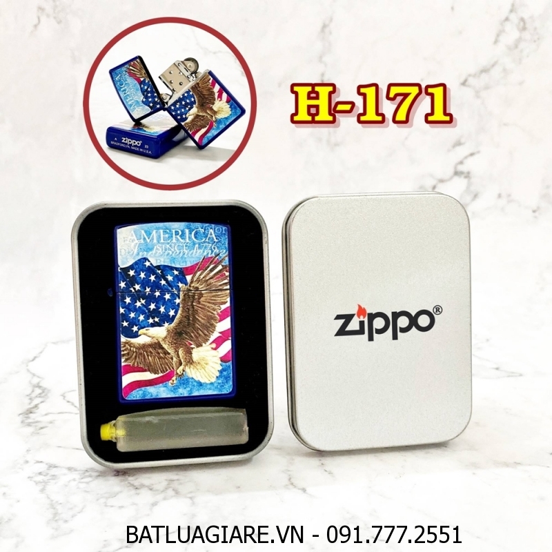 BẬT LỬA ZIPPO SƠN TĨNH ĐIỆN 2 MẶT HÌNH ĐẠI BÀNG CỜ MỸ (CÓ MỘC ĐÁY) (HỘP THIẾC KÈM XĂNG) H-171