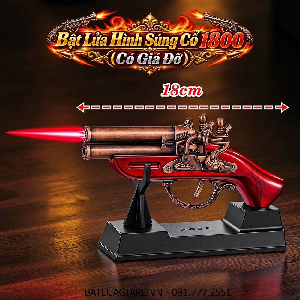 BẬT LỬA HÌNH SÚNG CỔ 1800 - CÓ GIÁ ĐỠ (FULLBOX) SIZE: 18CM - (XÀI GAS)