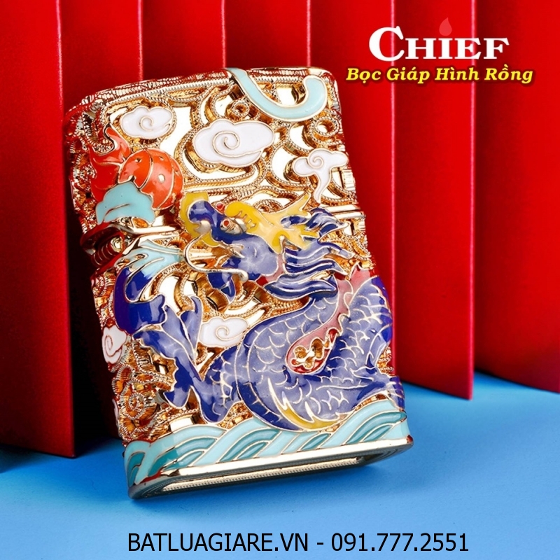 BẬT LỬA ZIPPO CHIEF BỌC GIÁP HÌNH RỒNG - DẠ QUANG HÚT ÁNH SÁNG (RUỘT VÀNG) (FULLBOX) - (XÀI XĂNG) #VÀNG