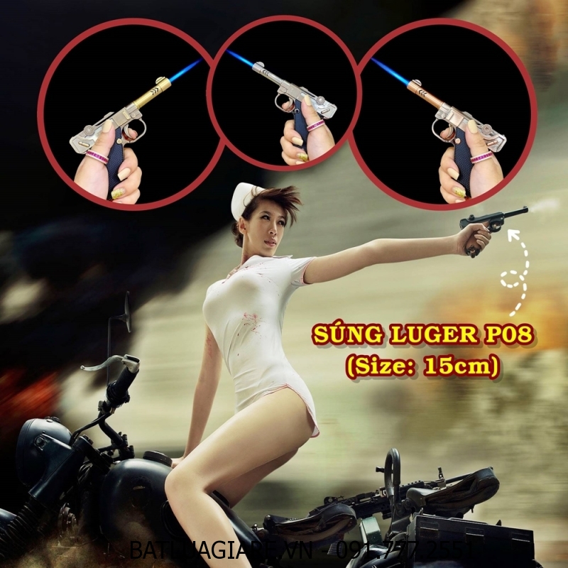 BẬT LỬA KHÈ HÌNH SÚNG LUGER P08 LỬA KIM (SIZE: 15CM) - (XÀI GAS)