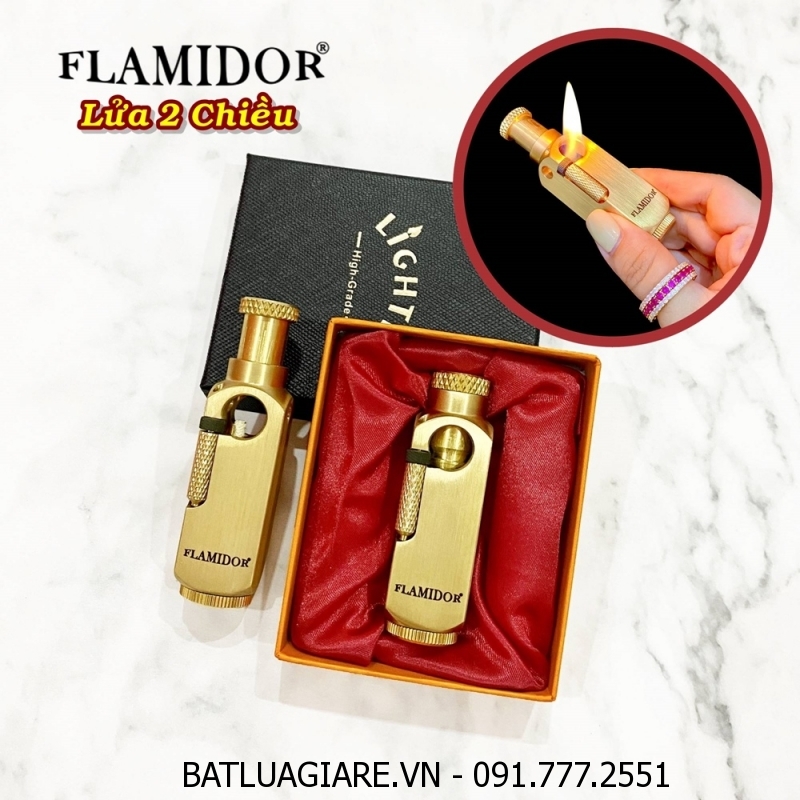 BẬT LỬA XĂNG ĐÁ FLAMIDOR LỬA 2 CHIỀU (KIM LOẠI NGUYÊN KHỐI) (CÓ HỘP) - (XÀI XĂNG)