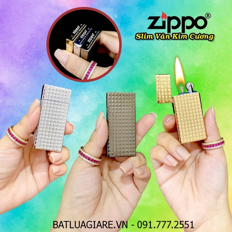 BẬT LỬA ZIPPO SLIM VÂN KIM CƯƠNG - (XÀI XĂNG)