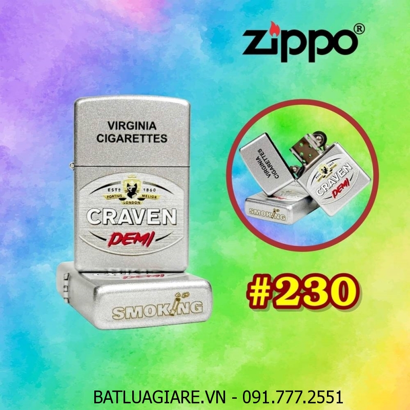 BẬT LỬA ZIPPO SƠN TĨNH ĐIỆN 2 MẶT HÌNH GÓI THUỐC LÁ CON MÈO BẠC CRAVEN DEMI (XÀI XĂNG) #230