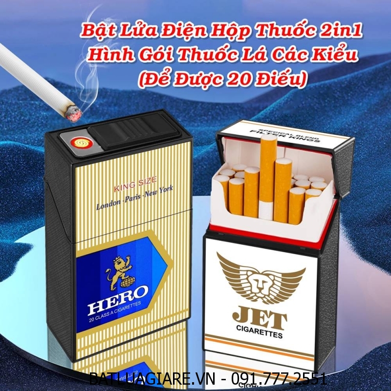 BẬT LỬA ĐIỆN HỘP THUỐC 2IN1 HÌNH GÓI THUỐC LÁ HERO (ĐỂ ĐƯỢC 20 ĐIẾU THUỐC) (FULLBOX) - (SẠC ĐIỆN)