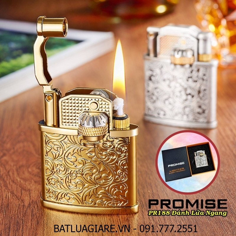 BẬT LỬA XĂNG ĐÁ PROMISE PR188 ĐÁNH LỬA NGANG HÌNH HOA VĂN (FULLBOX) - (XÀI XĂNG)