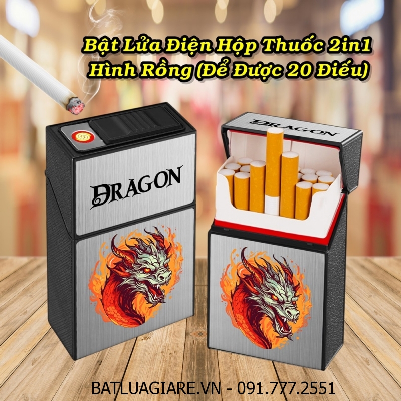 BẬT LỬA ĐIỆN HỘP THUỐC 2IN1 HÌNH RỒNG (ĐỂ ĐƯỢC 20 ĐIẾU) (FULLBOX) - (SẠC ĐIỆN)
