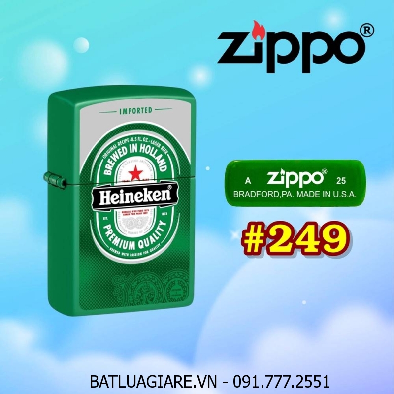 BẬT LỬA ZIPPO SƠN TĨNH ĐIỆN 2 MẶT HÌNH LOGO BIA HEINEKEN (CÓ MỘC ĐÁY) - (XÀI XĂNG) #249