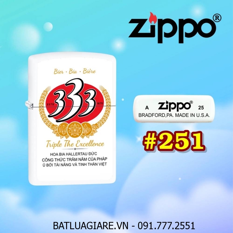 BẬT LỬA ZIPPO SƠN TĨNH ĐIỆN 2 MẶT HÌNH LOGO BIA 333 (CÓ MỘC ĐÁY) - (XÀI XĂNG) #251