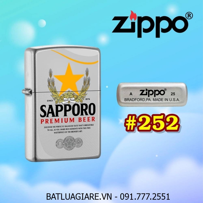 BẬT LỬA ZIPPO SƠN TĨNH ĐIỆN 2 MẶT HÌNH LOGO BIA SAPPORO (CÓ MỘC ĐÁY) - (XÀI XĂNG) #252