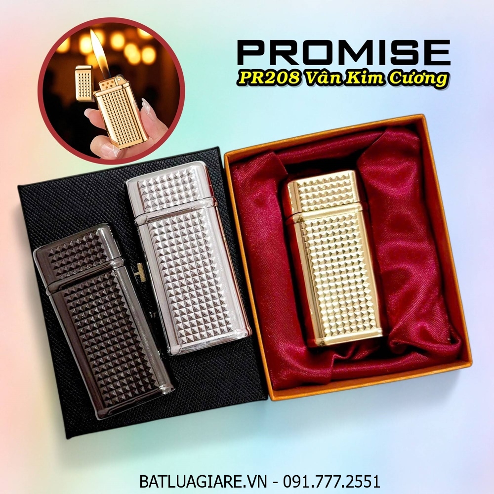 BẬT LỬA GAS ĐÁ PROMISE PR208 VÂN KIM CƯƠNG (GAS ĐÁ RÃNH TAY) (CÓ HỘP) - (XÀI GAS)