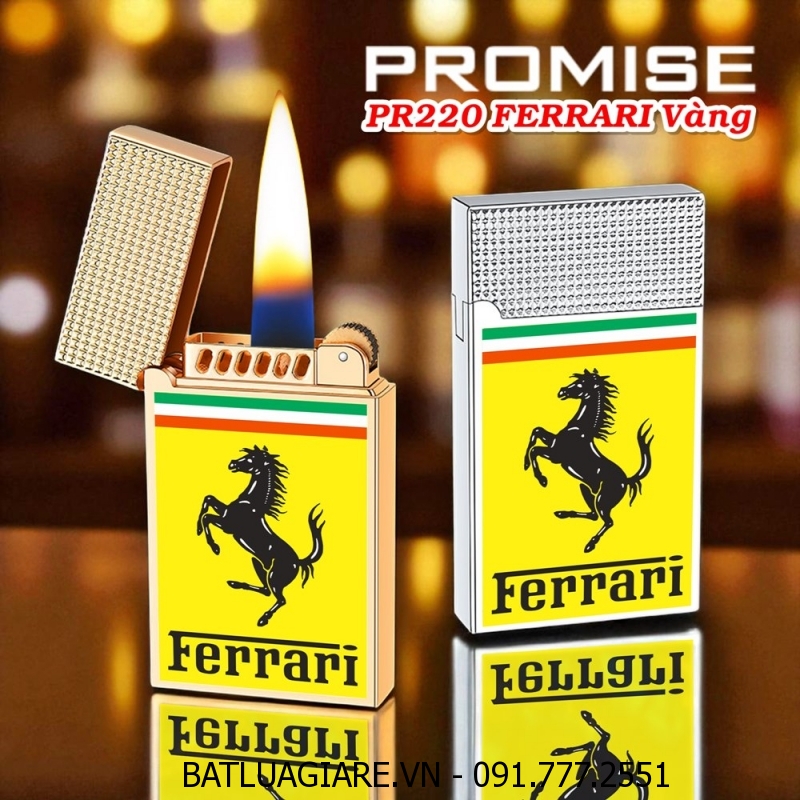 BẬT LỬA XĂNG ĐÁ PROMISE PR220 LOGO SIÊU XE FERRARI VÀNG - (XÀI XĂNG)