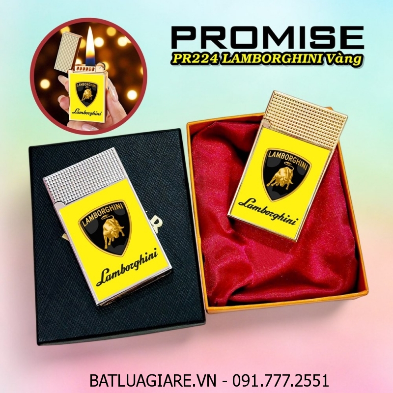 BẬT LỬA XĂNG ĐÁ PROMISE PR224 LOGO SIÊU XE LAMBORGHINI VÀNG (CÓ HỘP) - (XÀI XĂNG)