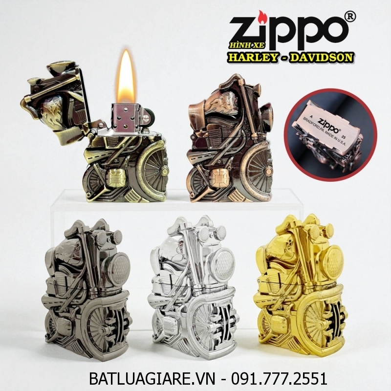 BẬT LỬA ZIPPO HÌNH XE HARLEY - DAVIDSON (KIM LOẠI NGUYÊN KHỐI) - (XÀI XĂNG)