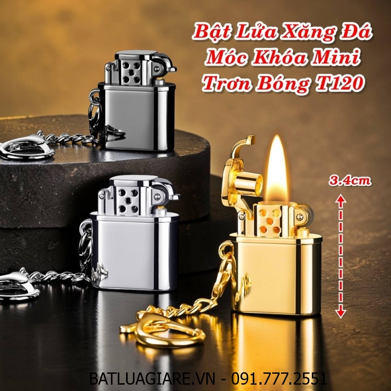 BẬT LỬA XĂNG ĐÁ MÓC KHOÁ MINI TRƠN BÓNG T120 (FULLBOX) - (XÀI XĂNG)