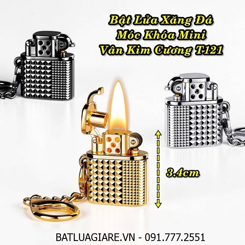 BẬT LỬA XĂNG ĐÁ MÓC KHOÁ MINI VÂN KIM CƯƠNG T121 (FULLBOX) - (XÀI XĂNG)