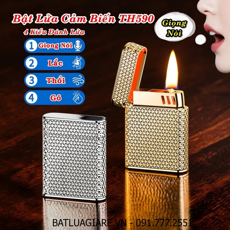 BẬT LỬA CẢM BIẾN GIỌNG NÓI VÂN KIM CƯƠNG TH590 (CÓ 4 KIỂU ĐÁNH LỬA) (FULLBOX TẶNG KÈM CHAI XĂNG) - (XÀI XĂNG + SẠC ĐIỆN)