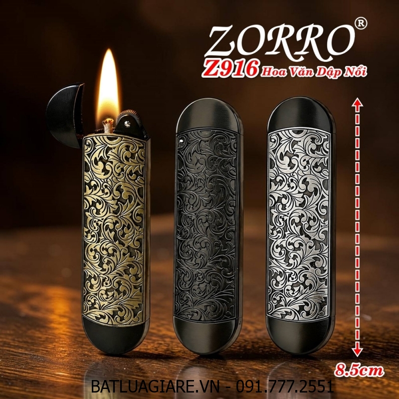 BẬT LỬA XĂNG ĐÁ ZORRO Z916 HÌNH HOA VĂN DẬP NỔI 2 MẶT - (XÀI XĂNG)