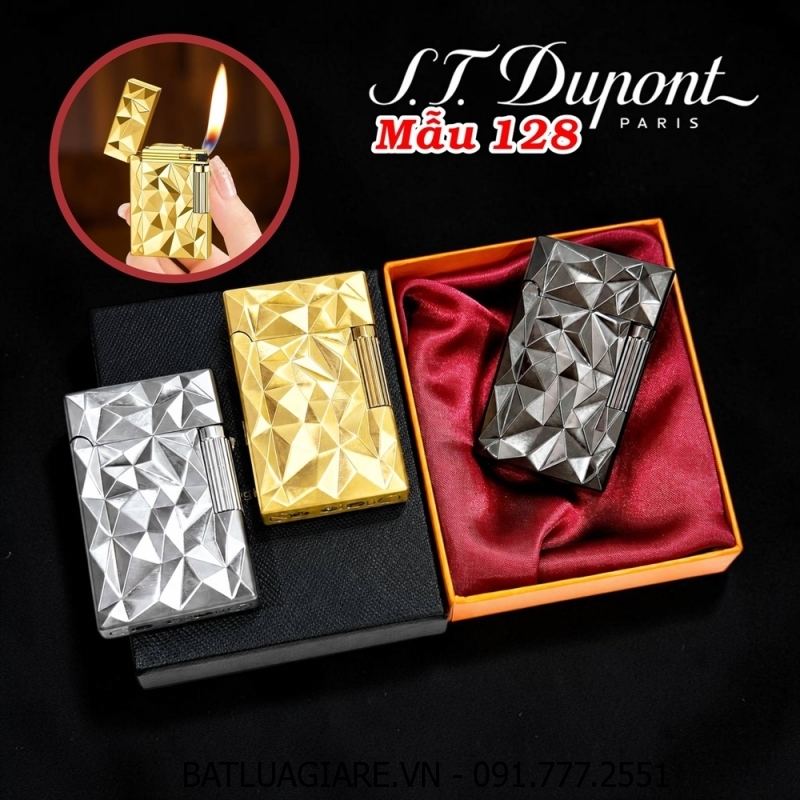 BẬT LỬA DUPONT VÂN KIM CƯƠNG DẬP NỔI 2 MẶT M-128 (S.T. DUPONT) (CÓ HỘP) - (XÀI GAS)