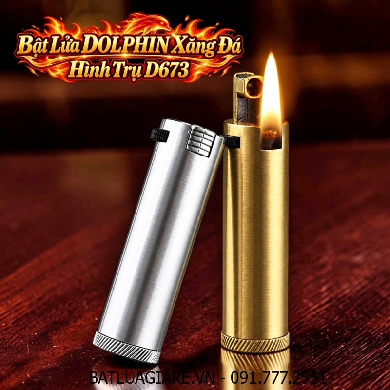BẬT LỬA DOLPHIN XĂNG ĐÁ HÌNH TRỤ KIM LOẠI NGUYÊN KHỐI D673 (FULLBOX) - (XÀI XĂNG)