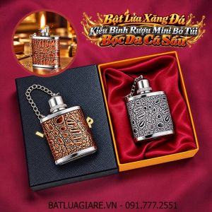 BẬT LỬA XĂNG ĐÁ KIỂU BÌNH RƯỢU MINI BỎ TÚI BỌC DA CÁ SẤU (BÌNH RƯỢU HIP FLASK) KIM LOẠI (CÓ HỘP) - (XÀI XĂNG)