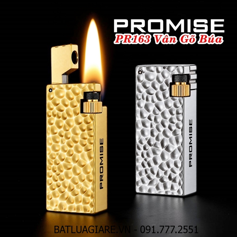 BẬT LỬA XĂNG ĐÁ PROMISE PR163 ĐÁNH LỬA NGANG VÂN GÕ BÚA (KIM LOẠI NGUYÊN KHỐI) - (XÀI XĂNG)