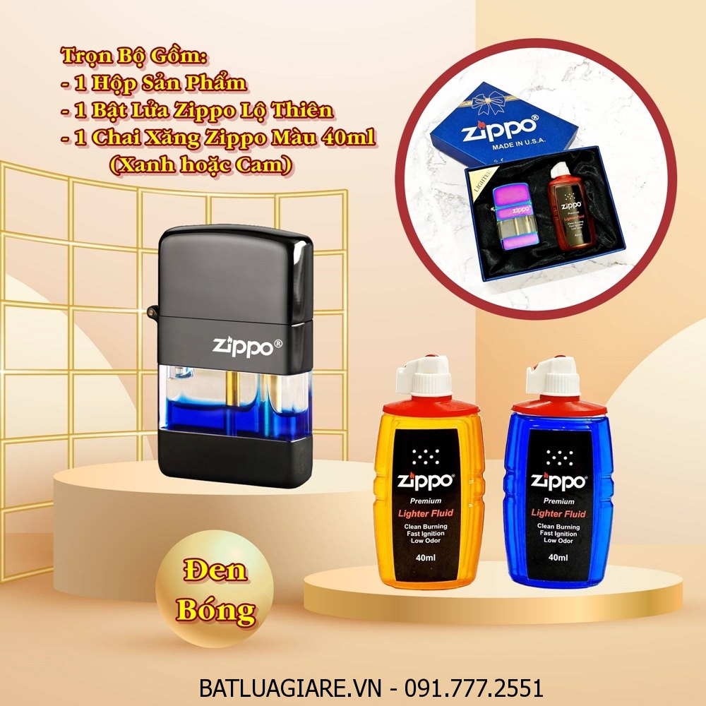 BẬT LỬA ZIPPO XĂNG LỘ THIÊN (FULL BOX) - (XÀI XĂNG) #ĐEN BÓNG