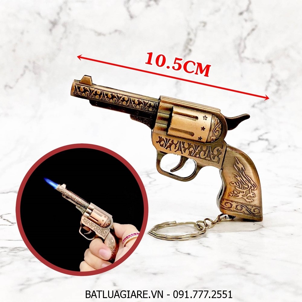 BẬT LỬA KHÈ - MÓC KHÓA  HÌNH SÚNG HOA VĂN ĐỒNG (SIZE: 10.5CM) - (XÀI GAS)