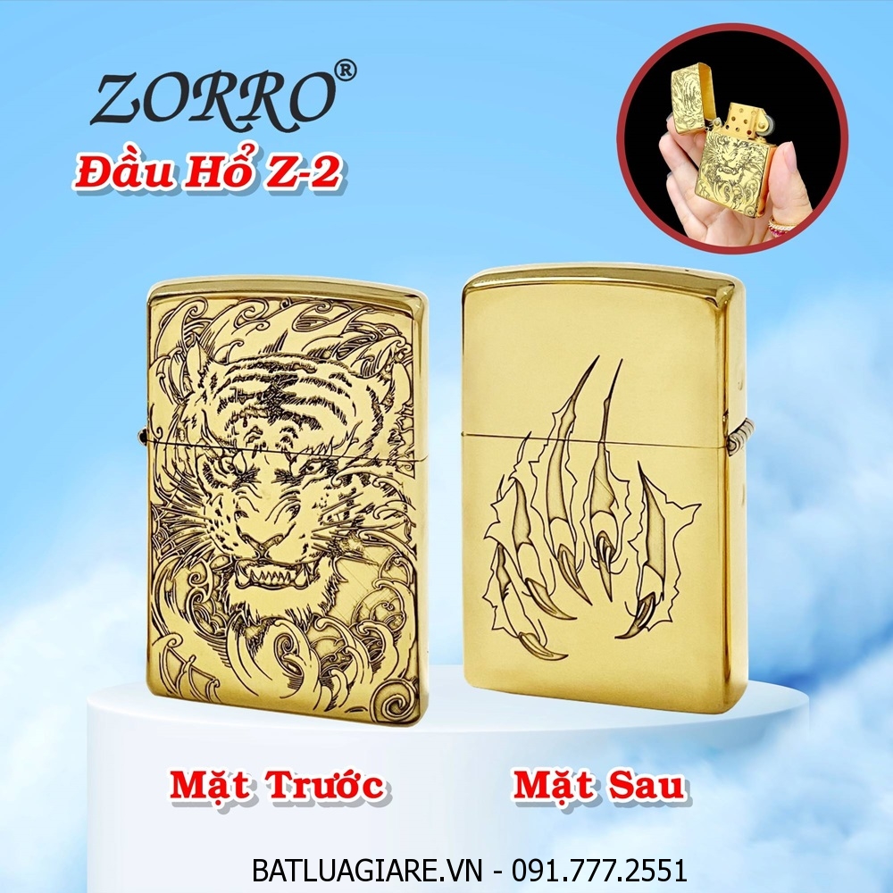 BẬT LỬA ZIPPO ZORRO KHẮC 2 MẶT HÌNH ĐẦU HỔ RUỘT VÀNG Z-2 (FULL BOX) - (XÀI XĂNG)