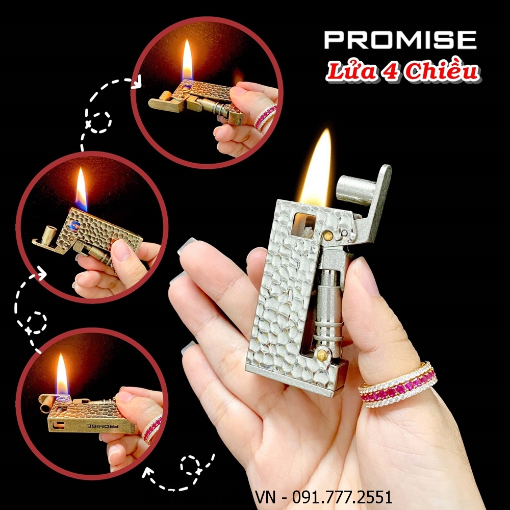 BẬT LỬA XĂNG ĐÁ PROMISE LỬA 4 CHIỀU VÂN GÕ BÚA - (XÀI XĂNG)