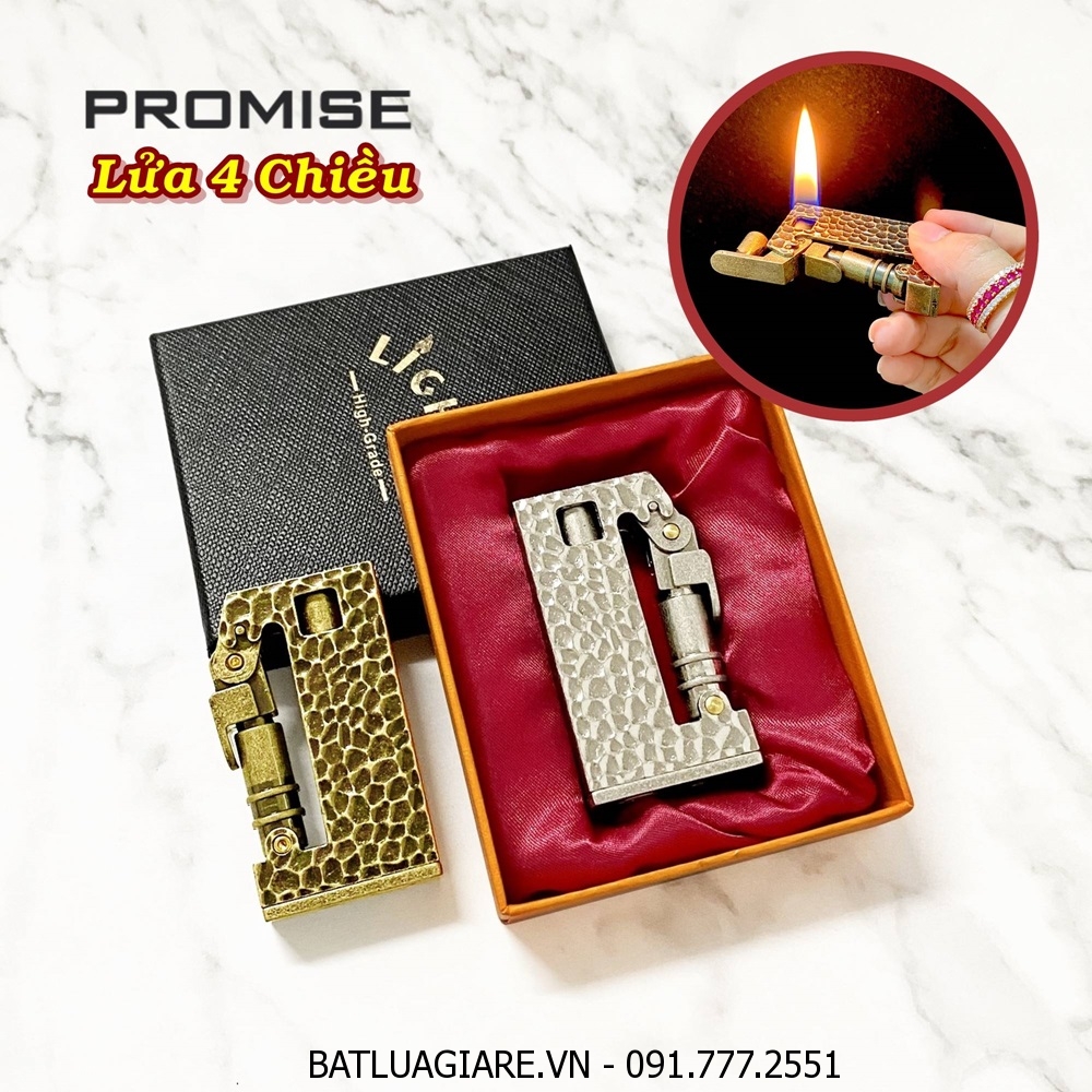 BẬT LỬA XĂNG ĐÁ PROMISE LỬA 4 CHIỀU VÂN GÕ BÚA (CÓ HỘP) - (XÀI XĂNG)