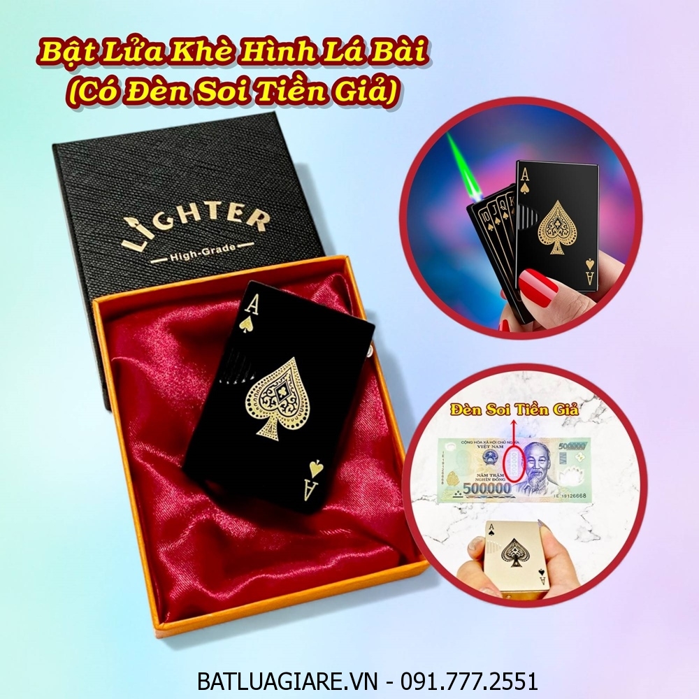 BẬT LỬA KHÈ HÌNH LÁ BÀI CÓ ĐÈN SOI TIỀN GIẢ (KIM LOẠI) (CÓ HỘP) - (XÀI GAS) #ĐEN