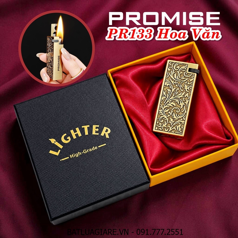 BẬT LỬA XĂNG ĐÁ PROMISE PR133 ĐÁNH LỬA NGANG HOA VĂN DẬP NỔI (KIM LOẠI NGUYÊN KHỐI) (CÓ HỘP) - (XÀI XĂNG)
