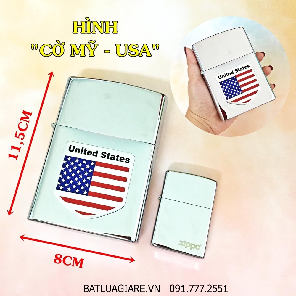 BẬT LỬA ZIPPO KHỔNG LỒ BẠC BÓNG HÌNH CỜ MỸ (SIZE: 8CM X 11,5CM) NẶNG: 500 GAM - (XÀI XĂNG)