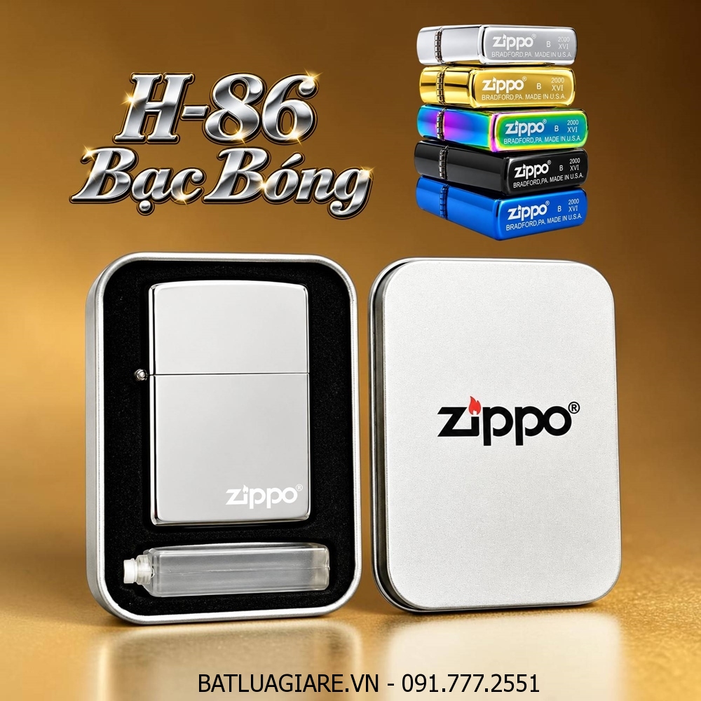 BẬT LỬA ZIPPO TRƠN BÓNG (CÓ MỘC ĐÁY) (HỘP THIẾC KÈM XĂNG) #BẠC BÓNG H-86