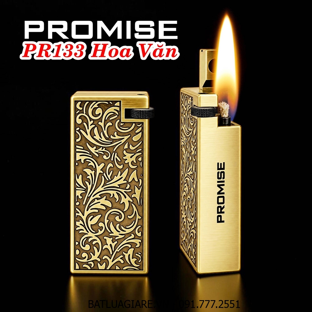 BẬT LỬA XĂNG ĐÁ PROMISE PR133 ĐÁNH LỬA NGANG HOA VĂN DẬP NỔI (KIM LOẠI NGUYÊN KHỐI) - (XÀI XĂNG)